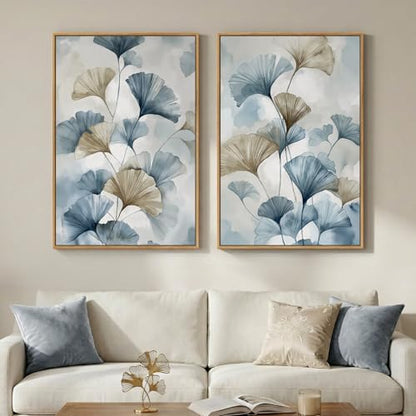 Large Framed Blue Neutral Botanical Ginkgo Wall Art Set of 2, 24x36 Inch - color: Neutral Blue, size: 24" W x 36" H x 2Pcs