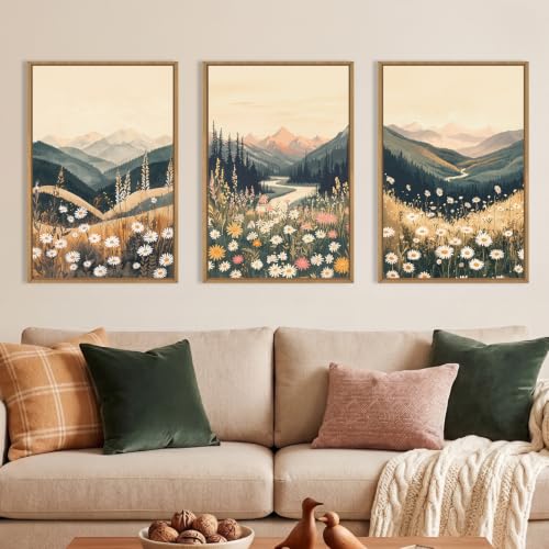 Large Boho Wildflower Framed Canvas Wall Art,Vintage Mountain Wall Decor,Nature Floral Prints,Rustic Daisy Landscape Artwork for Living Room,Bedroom,Dining Room -24"x36"x3 - color: Boho Wildflower Wall Art, size: 36"L x 24"W