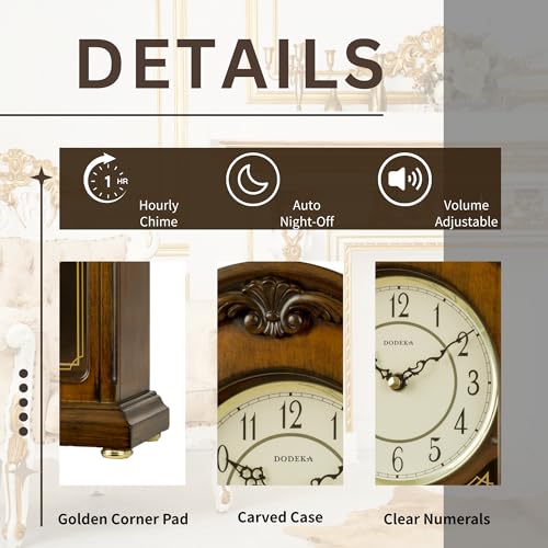 DODEKA Wooden Mantel Clock TCW004DB Pendulum Carved Case Hourly Chime Classic Melody Antique Style for Fireplace, Table, Bedroom, Living Room