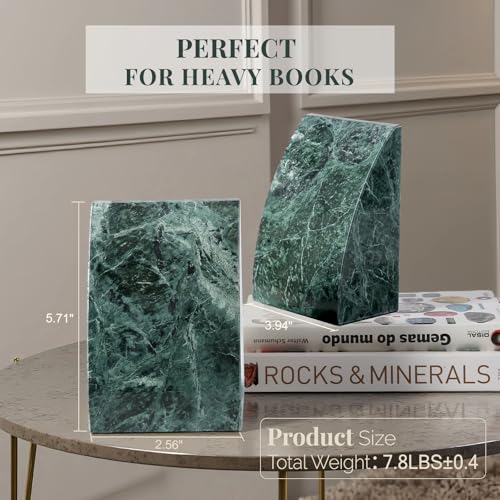 Koville Marble Bookends for Shelves, 8Lbs Large Stone Bookends for Heavy Books, Non-Slip Heavy Duty Book Stopper, Modern Decorative Book Ends for Bookshelf Table Home Decor(Green) - color: Sail-green