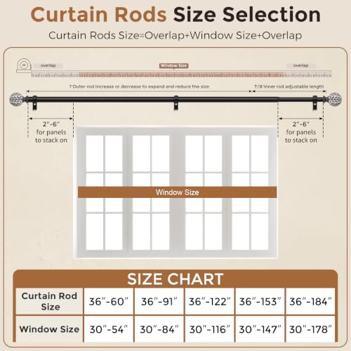 Curtain Rod 36-60 Inch, Boho Black 1 Inch Curtain Rods for Windows - color: Black, size: 36''-60'' (1 Pack)