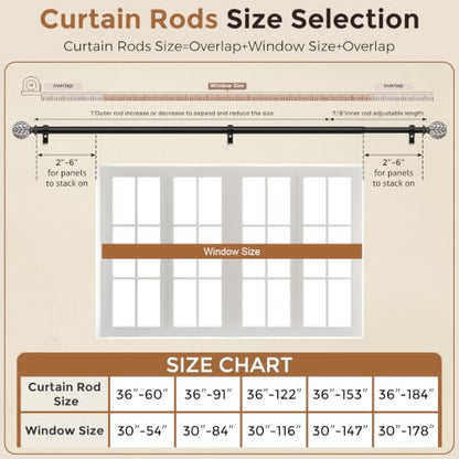 Curtain Rod 36-60 Inch, Boho Black 1 Inch Curtain Rods for Windows - color: Black, size: 36''-60'' (1 Pack)