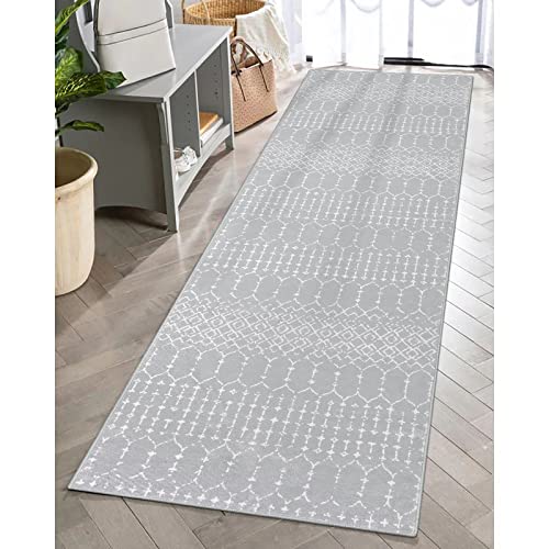 Lahome Moroccan Runners for Hallways 2x6 Washable Non-Slip Carpet Runner Throw Ultra-Thin Kitchen Bedroom Rugs Grey Distressed Print Rug Entrance Bathroom Laundry Room Living Grey/White 2' x 6' Hana - color: Grey, size: 2' x 6' (Runner)