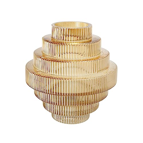 T2 Concept 9x9x10” Clear Amber Luster Glass Accent Vase with Modern Geometric Tiered Design Home Decor Flower Vase for Mantel Tabletop Shelf Office Event