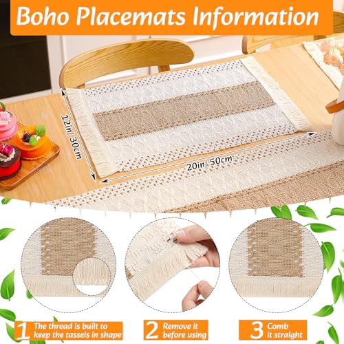 Boho Table Runner and Placemats Set, 4 Sets, Brown, 12x72 - color: Brown, size: 12x72"