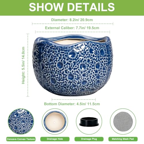Ceramic Pots for Plants - 8 Inch Round Planter with Drainage Hole, Round Decorative Plant Pots for Indoor Outdoor, Modern Unique Flower Pot, House Living Room Decor, Home Gifts, Blue - color: Blue, size: 8.2 Inch