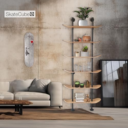 Industrial Pipe Bookcase, 6 Tier Shelf, Natural Wood Stain Finish - size: 6 Tier Shelf