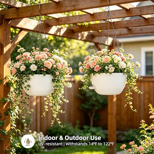 12" Self Watering Hanging Planters with Chains, White, 2 Pack - color: White, size: 2 pack 12 inches