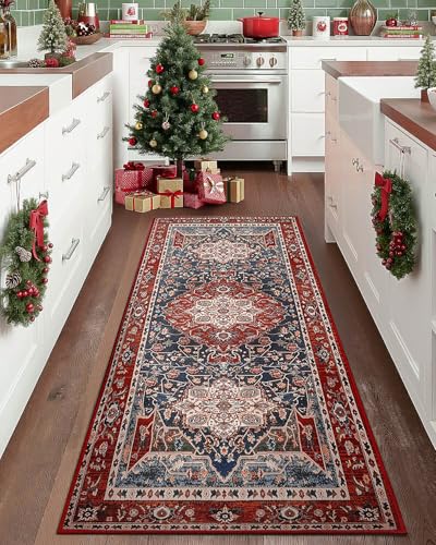 YJ.GWL Area Rug 2x7, Machine Washable Hallway Runner Rug, Boho Floral Vintage Distress Print Pattern Carpet, Low Pile Lightweight Thin Rugs for Entryway, Kitchen and Corridor, Red - color: Red, size: 2' x 7' (Rectangular)