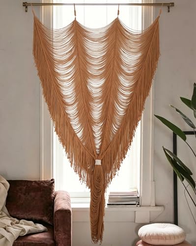 Macrame Curtain Boho Handmade Fiber Art Khaki Window Decor Yarn 59" W*75" L - color: Khaki