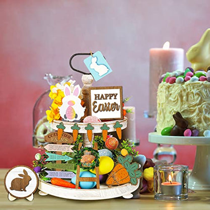 Patelai 12 Pcs Easter Tiered Tray Decor Farmhouse Easter Wood Table Decor Rustic Bunny Rabbits Carrot Gnome Egg Sign Decorative Spring Table Centerpieces for Home Indoor Kitchen - style: Easter