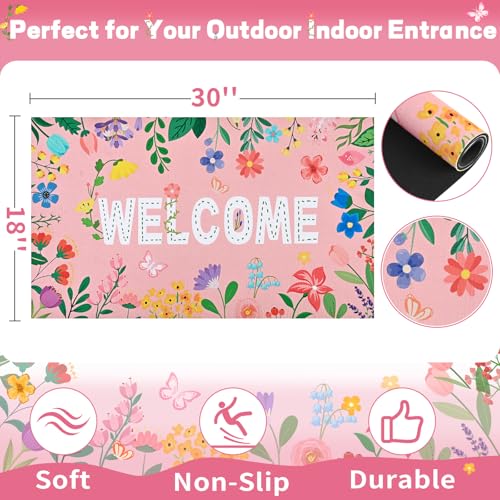 Likiyol Floral Door Mat Outside Entrance, Colorful Flower Welcome Mat Front Door Mats Non Slip Spring Doormat Outdoor Indoor Entrance, Low Profile, Absorbent, 18" x 30", Pink - color: Pink, size: 1'6" x 2'6" (Rectangular)