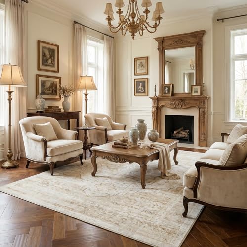 5x7 Washable Vintage Area Rug - Distressed Medallion Rugs Non-Slip Soft Stain Resistant Carpets for Living Room Bedroom Playroom Dining Room Office, Beige - color: Light Brown, size: 5' x 7' (Rectangular)