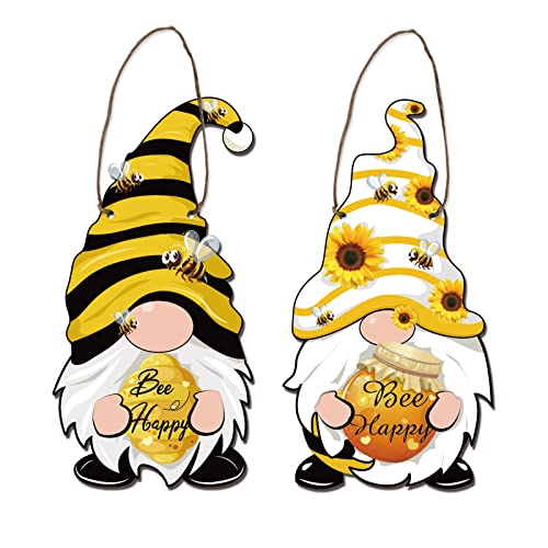 NBEADS 2 Pcs Bee Gnome Wooden Sign, Bee Happy Home Hanging Decor Bumble Bee Door Sign Gifts Farmhouse Wall Hanging Plaque with Jute Twine for Farmhouse Living Room Decor, About 5.6"×11.8" - color: Bee Happy Gnome-2pcs, size: 5.6"×11.8"(L×W)