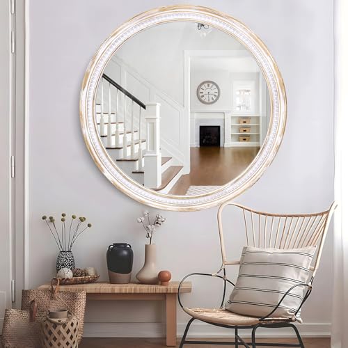 30 Inch Round Wood Mirror, Rustic Farmhouse Decorative Wall Mirror - color: C - 30 in