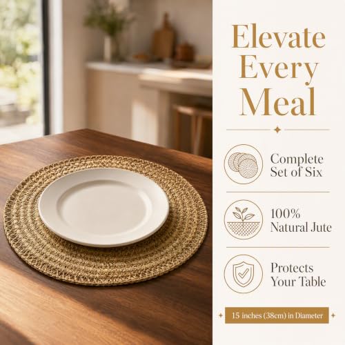 15 Inch Round Jute Placemats Set of 6 - Farmhouse Woven Table Mats