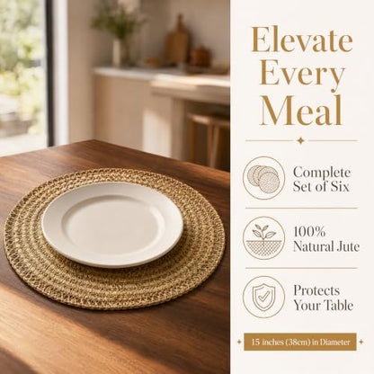 15 Inch Round Jute Placemats Set of 6 - Farmhouse Woven Table Mats