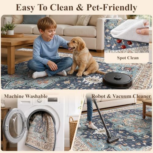 Small 4ft Round Rug: Washable Circle Rug 4ft with Non Slip Backing Playroom - color: Blue/Teal/Orange, size: 4' (Round)