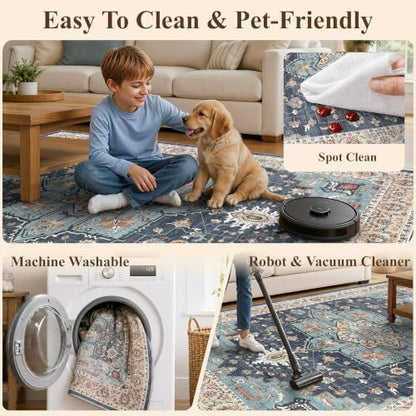 Small 4ft Round Rug: Washable Circle Rug 4ft with Non Slip Backing Playroom - color: Blue/Teal/Orange, size: 4' (Round)