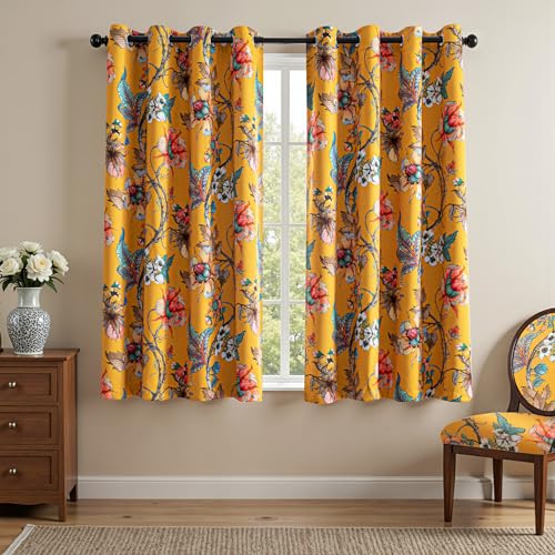 MYSKY HOME Floral Blackout Curtains 63 Inch Long Bedroom Black Out Thermal Insulated Noise Reducing Drapes Flower Printed Cottagecore Style Grommet Window Treatment Living Room Kitchen, Pack-2, Yellow - color: Yellow, size: 52"W x 63"L (Pack of 2)
