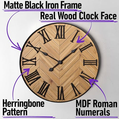 Large Wall Clock 24" Round, Silent Metal & Wood with Big 3D Roman Numerals - color: Brown
