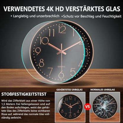 Silent Wall Clocks Battery Operated 8 Inch, Analog Wall Clock with Oversized Number Tempered Glass Clock Face, Non Ticking Wall Clocks for Living Room Bedroom Kitchen Office, Black Rose Gold - color: Black Rose Gold, size: 8 Inch