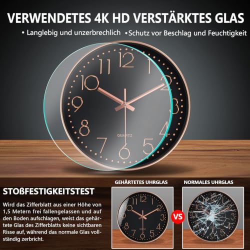 Modern Silent Wall Clock - 12 Inch Wall Clocks Battery Operated Large Number, Non-Ticking Analog Clock with Tempered Glass Quartz Clocks for Living Room Bedroom Office Kitchen, Black Rose Gold - color: Black Rose Gold, size: 12 Inch
