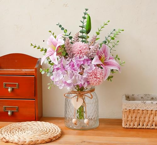 Artificial Silk Flowers with Vase, Fake Pink Lily, Hydrangea and Dandelion - color: Purple & Pink