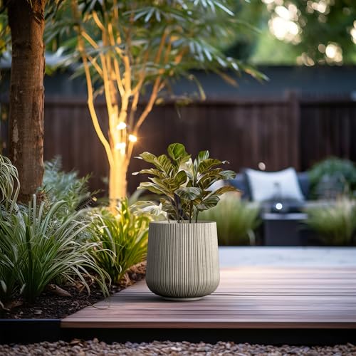 Kante Accent Round Curved Weathered Concrete Planter 13" Dia, Outdoor - color: Ringed Weathered Concrete, size: 13” Dia