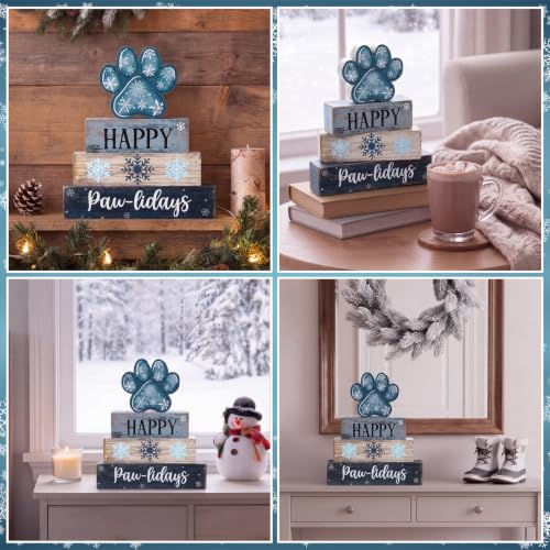 Amyhill 4 Pcs Winter Dog Paw Tiered Tray Wooden Table Sign Decor - style: Winter