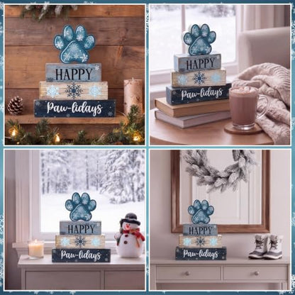Amyhill 4 Pcs Winter Dog Paw Tiered Tray Wooden Table Sign Decor - style: Winter