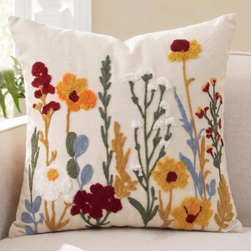 AVOIN colorlife Pastel Poppy Flowers Embroidered Throw Pillow Cover, 18 x 18 Inch Flower Cluster Tufted Patterned Linen Cushion Case Decoration for Sofa Couch - size: 18" x 18" (Pack of 1)