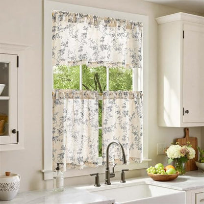 jinchan Black Linen Floral Kitchen Tier Curtains and Valance Set 3 Pieces - color: Alisa | Black on Linen, size: 26"W x 24"L (Pack of 3)