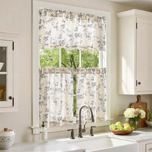jinchan Black Linen Floral Kitchen Tier Curtains and Valance Set 3 Pieces - color: Alisa | Black on Linen, size: 26"W x 24"L (Pack of 3)