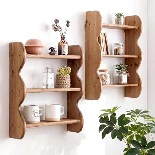 Cinnvoice 2 Pcs Solid Wood Wall Shelf 3-Tier, Brown