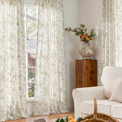 jinchan Custom Size Curtain Green Floral Linen Curtain Back Tab 1 Panel - color: Amlie Green, size: Custom