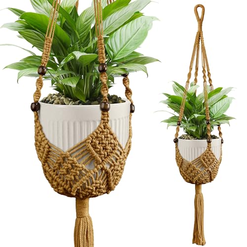 Macrame Plant Hanger - Fits 3-6 Inch Pots, Set of 2, Ivory - color: 35+35 Inch Brown