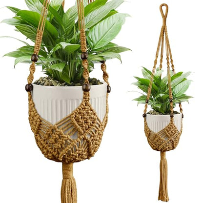 Macrame Plant Hanger - Fits 3-6 Inch Pots, Set of 2, Ivory - color: 35+35 Inch Brown