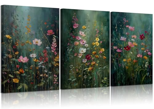 3Pcs Dark Green Floral Canvas Wall Art Moody Wildflowers Poster Prints Vintage Nature Rustic Botanical Flowers Pictures for Bedroom Living Room Office Bathroom Wall Decor 16x24in Framed - color: green, size: 16x24in canvas