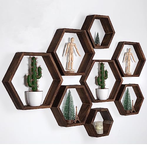 WONFUlity Hexagon Floating Shelves, Hexagonal Shelf Wall Mounted Storage - color: Brown, size: 8PC
