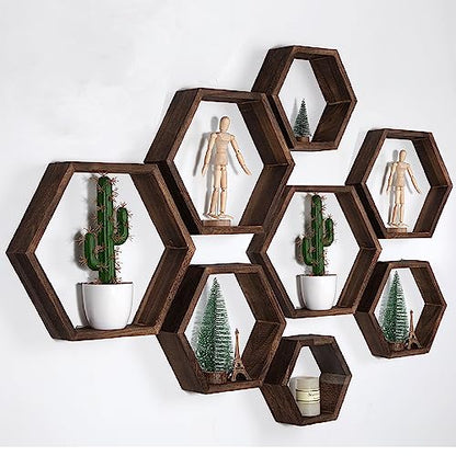 WONFUlity Hexagon Floating Shelves, Hexagonal Shelf Wall Mounted Storage - color: Brown, size: 8PC