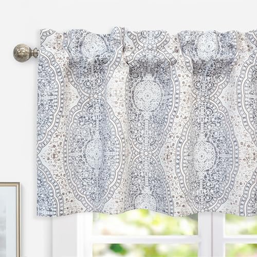 DriftAway Adrianne Damask and Floral Pattern Window Curtain Valance 52 Inch by 20 Inch Beige and Gray - color: Adrianne-beige