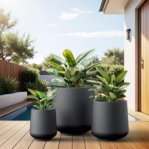 Kante Round Concrete Planter Set of 3-9.4"/13"/16.5" Dia Barrel-Style Garden Pots with Drainage Hole for Flowers and Trees (7.1"/10.2"/13.8" Opening), Black - color: Black, size: 16.5"+13"+9.4" D