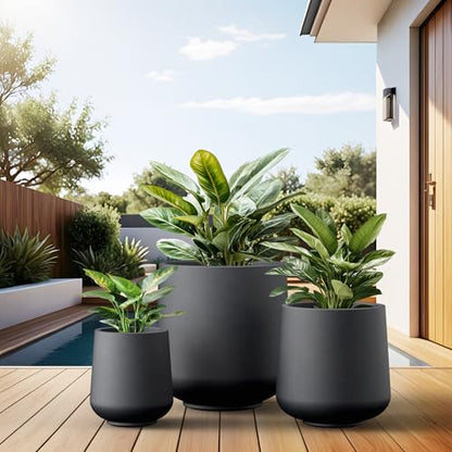 Kante Round Concrete Planter Set of 3-9.4"/13"/16.5" Dia Barrel-Style Garden Pots with Drainage Hole for Flowers and Trees (7.1"/10.2"/13.8" Opening), Black - color: Black, size: 16.5"+13"+9.4" D