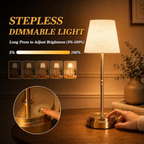 Rechargeable Cordless Table Lamp, Battery Operated Bedside Lamp, Gold