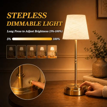 Rechargeable Cordless Table Lamp, Battery Operated Bedside Lamp, Gold