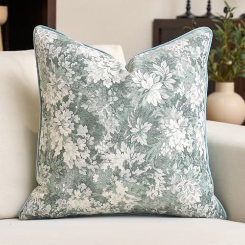 Alerfa Light Blue Neutral Floral Pillow Cover 20 x 20 Inch, Vintage Chenille Square Couch Pillow Cover Soft Decorative Farmhouse Accent Pillowcase for Living Room Bedroom - color: Light Blue, size: 20" x 20" (Pack of 1)