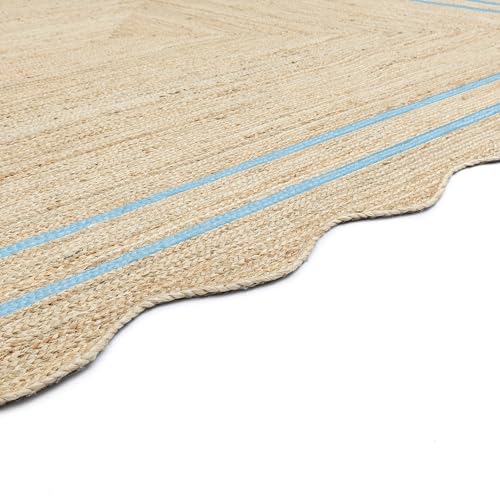 Wave Scalloped Jute Rug Entryway Natural Boho Area Rug Sky Blue 2'x4' - color: Sky Blue, size: 2'x4'