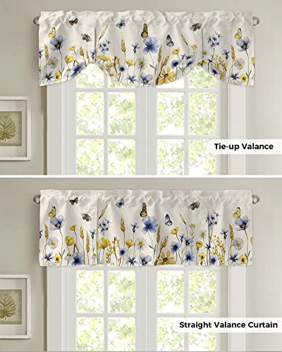 Butter-fly Leaves Tie Up Valance Curtain for Kitchen Living Room Bedroom Bathroom Cafe,Rod Pocket Short Window Drape Panel Adjustable Drapary Print,Elegant Fall Yellow Blue Yellow Daisy Beige 42"x18" - size: 42"W x 18"L (Pack of 1)