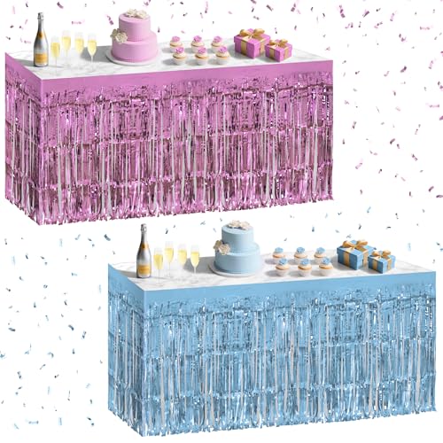 2 Pack Light Pink Light Blue Table Skirts, 29x108" Metallic Foil Tinsel Fringe Table Skirt for Rectangle Tables Streamer Curtains Backdrop, Party Decorations for Birthdays, Weddings, Holidays - color: Light Pink Light Blue